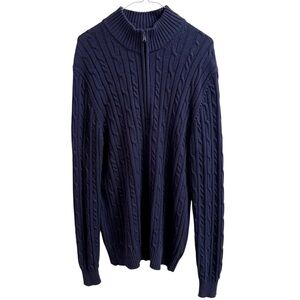 IZOD Men’s Quarter Zip Sweater Size Large Blue Cable Knit Cotton Mock Neck